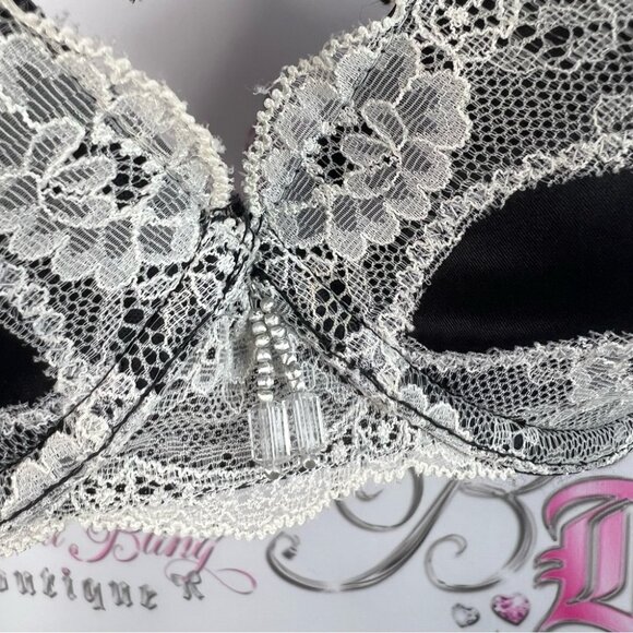 Bra lace black cream jewel dangly detail crystal beaded cupped sexy bra - Picture 4 of 10
